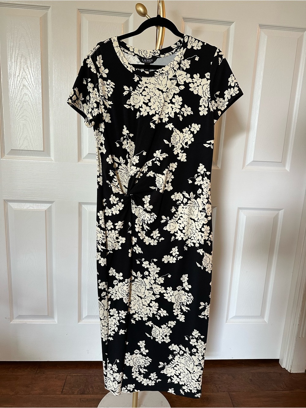 NWT Lauren Ralph Lauren midi modal cotton dress twist knot side black floral L